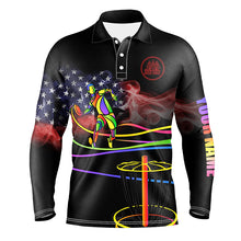 Load image into Gallery viewer, American flag Black Mens disc golf polo shirts custom name disc golfer basket, disc golf gifts for men NQS5420