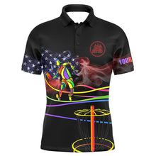 Load image into Gallery viewer, American flag Black Mens disc golf polo shirts custom name disc golfer basket, disc golf gifts for men NQS5420