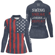 Load image into Gallery viewer, Womens golf polo shirts custom American flag patriotic golf shirt swing swear drink repeat | Navy NQS5680