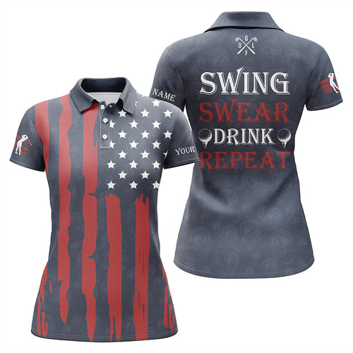 Womens golf polo shirts custom American flag patriotic golf shirt swing swear drink repeat | Navy NQS5680