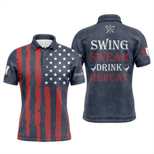 Load image into Gallery viewer, Mens golf polo shirts custom American flag patriotic golf shirt swing swear drink repeat | Navy NQS5680