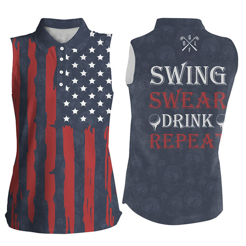 Women sleeveless polo shirt American flag patriotic golf shirt swing swear drink repeat | Navy NQS5680