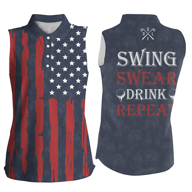 Women sleeveless polo shirt American flag patriotic golf shirt swing swear drink repeat | Navy NQS5680