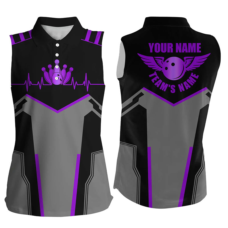 Women sleeveless polo shirts custom name and team name Bowling Ball and Pins, team bowling shirts | Purple NQS7768