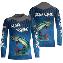 Load image into Gallery viewer, Blue camo Musky fishing Custom performance long sleeve team Muskellunge fishing tournament shirts NQS7771