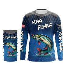 Load image into Gallery viewer, Blue camo Musky fishing Custom performance long sleeve team Muskellunge fishing tournament shirts NQS7771