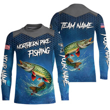 Load image into Gallery viewer, Blue camo Northern Pike fishing Custom performance long sleeve team Pike fishing tournament shirts NQS7772