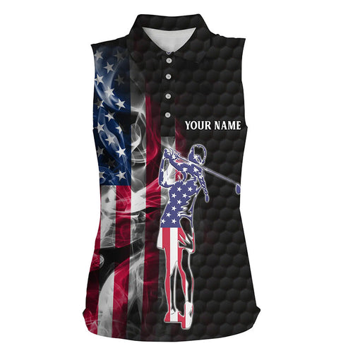 Women sleeveless polo shirts custom smoke American flag patriotic black ladies golf tops NQS7778