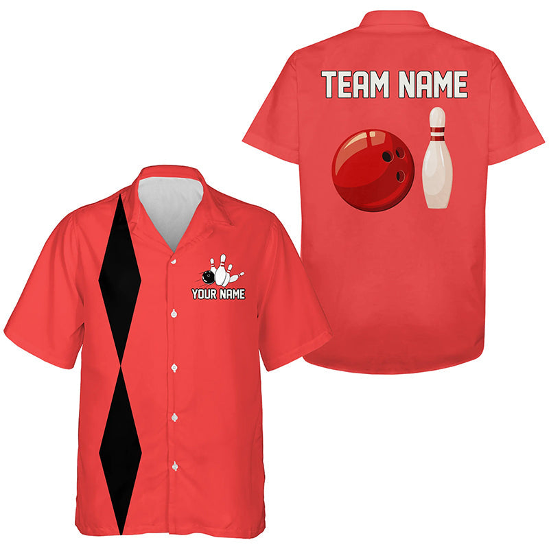 Personalized Retro Bowling hawaiian shirts Custom vintage Team button up shirts | Red NQS8004