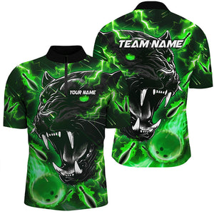 Green Flame Panther Bowling Polo, Quarter Zip Shirts For Men Custom Bowling Team League Jerseys NQS8653