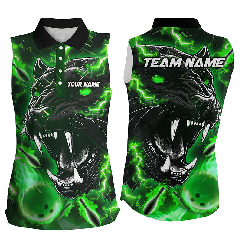 Green Flame Panther Bowling sleeveless polo Shirts For Women Custom Bowling Team League Jerseys NQS8653