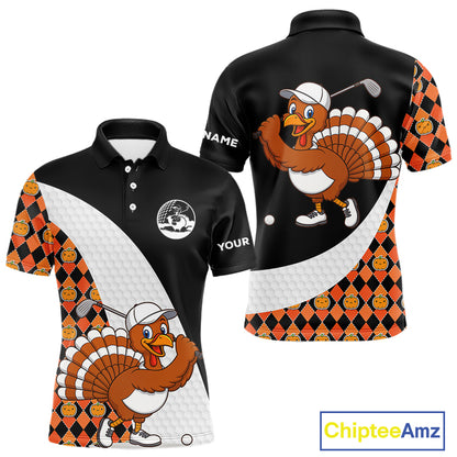 Golf Turkey Thanksgiving Mens Polo Shirt Orange Pumpkin argyle pattern Custom Golf outfit For Men NQS10839