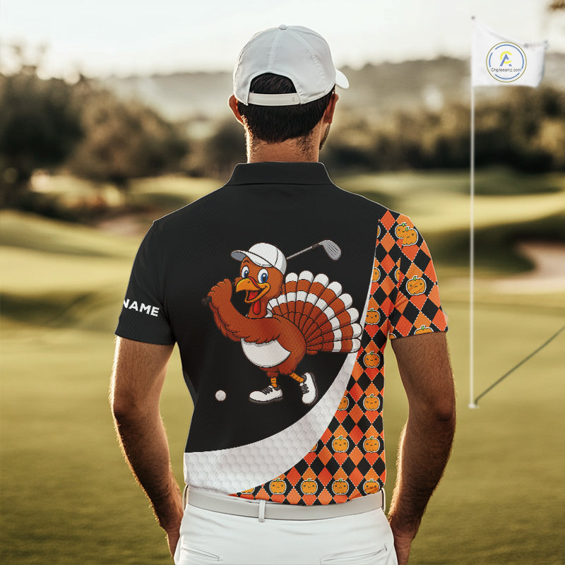 Golf Turkey Thanksgiving Mens Polo Shirt Orange Pumpkin argyle pattern Custom Golf outfit For Men NQS10839