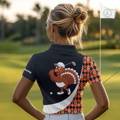 Golf Turkey Thanksgiving Women Polo Shirt Orange Pumpkin argyle pattern Custom Golf outfit For Ladies NQS10839