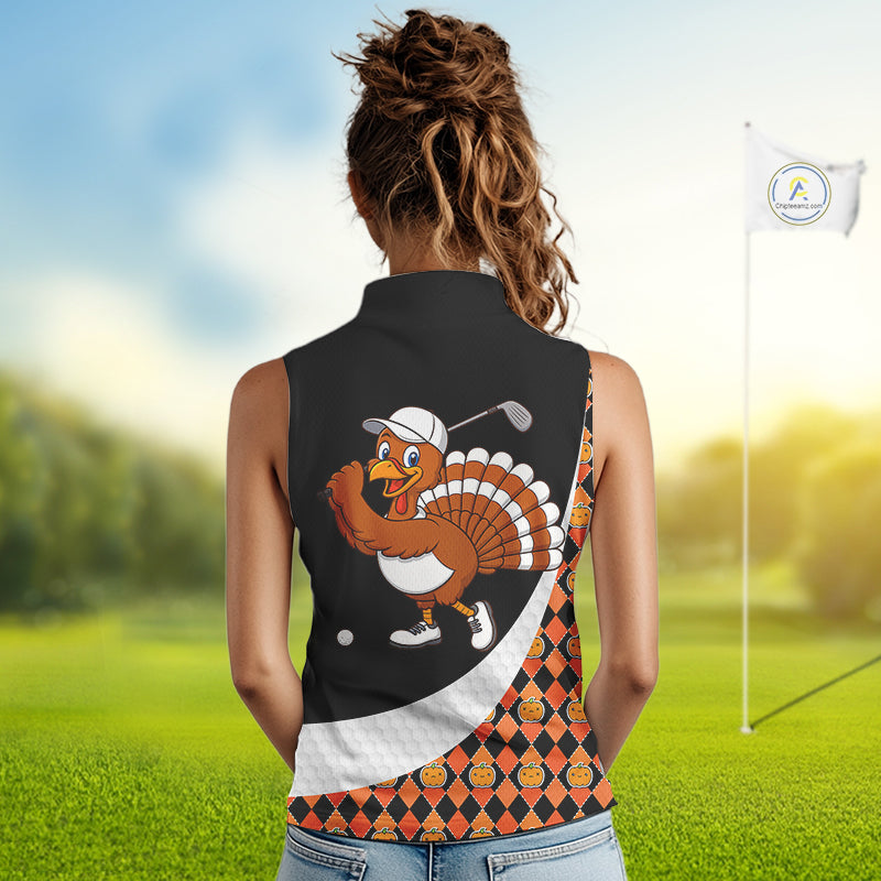 Golf Turkey Thanksgiving Sleeveless Polo Shirt Orange Pumpkin argyle pattern Custom Golf outfit NQS10839