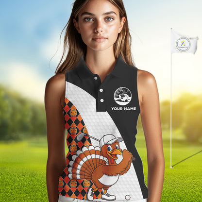 Golf Turkey Thanksgiving Sleeveless Polo Shirt Orange Pumpkin argyle pattern Custom Golf outfit NQS10839