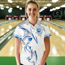 Load image into Gallery viewer, White and Blue crown Bowling ball Polo, Quarter Zip Shirts for Women Custom Bowling Team jerseys NQS11008