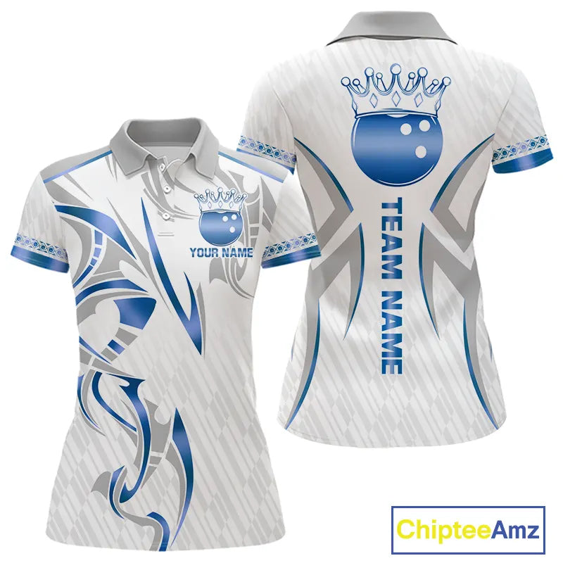 White and Blue crown Bowling ball Polo, Quarter Zip Shirts for Women Custom Bowling Team jerseys NQS11008