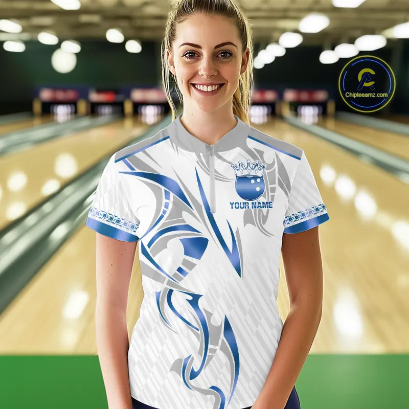 White and Blue crown Bowling ball Polo, Quarter Zip Shirts for Women Custom Bowling Team jerseys NQS11008