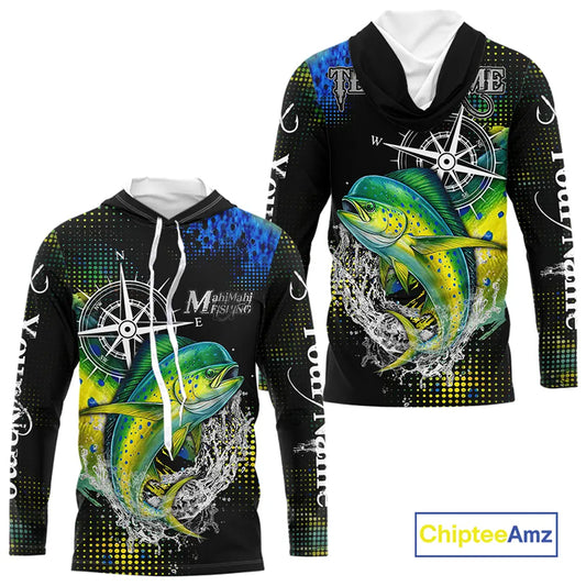 Personalized Black and Green Mahi Mahi fishing scales compass Performance long sleeve Fishing Shirts NQS11216