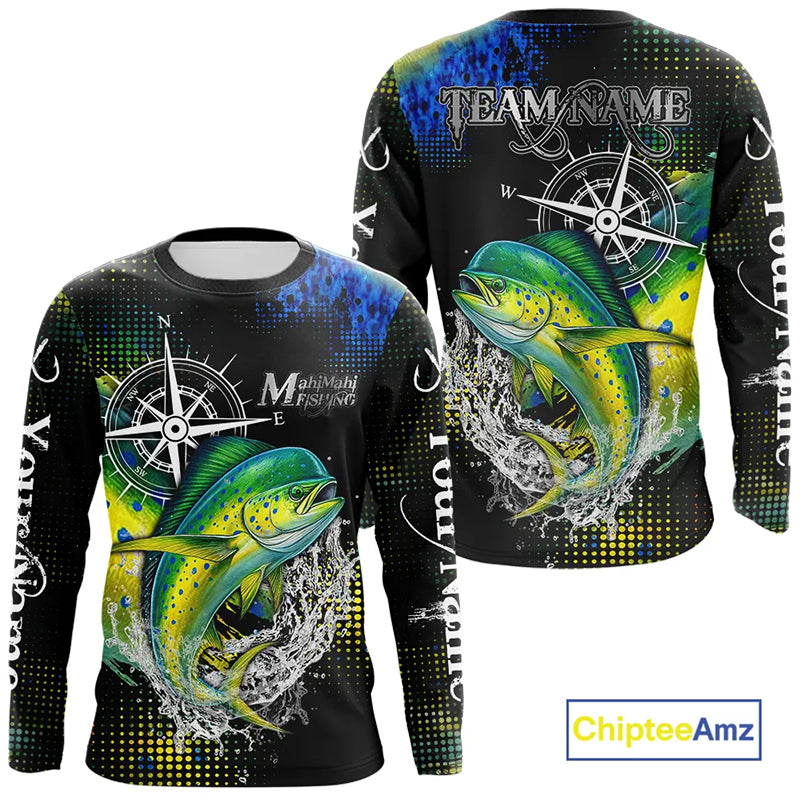 Personalized Black and Green Mahi Mahi fishing scales compass Performance long sleeve Fishing Shirts NQS11216