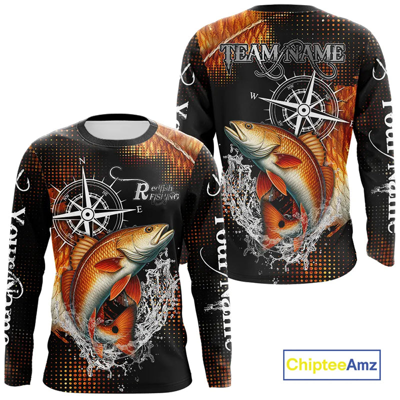 Personalized Black and Red Redfish fishing scales compass Performance long sleeve Fishing Team Shirts NQS11217