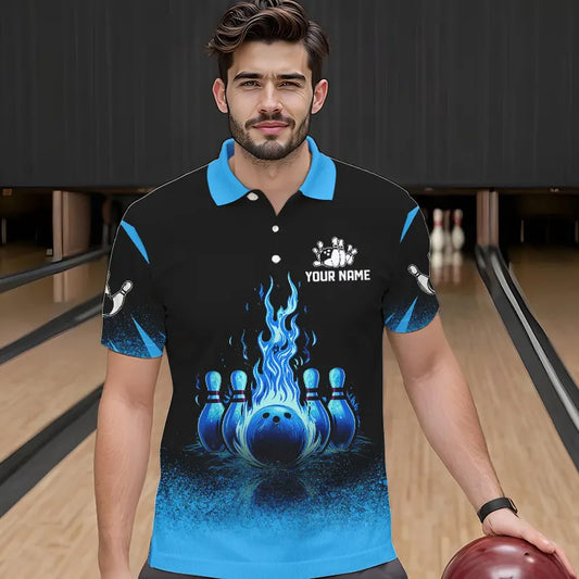 Black and Blue Flame Bowling Polo, Quarter Zip shirts for Men Custom Bowling Team League Jerseys NQS9345