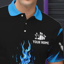 Load image into Gallery viewer, Black and Blue Flame Bowling Polo, Quarter Zip shirts for Men Custom Bowling Team League Jerseys NQS9345