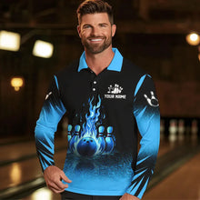 Load image into Gallery viewer, Black and Blue Flame Bowling Polo, Quarter Zip shirts for Men Custom Bowling Team League Jerseys NQS9345