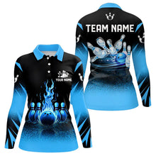 Load image into Gallery viewer, Black and Blue Flame Bowling Polo, Quarter Zip shirts for Women Custom Bowling Team League Jerseys NQS9345