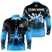 Load image into Gallery viewer, Black and Blue Flame Bowling Polo, Quarter Zip shirts for Men Custom Bowling Team League Jerseys NQS9345