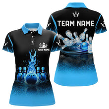 Load image into Gallery viewer, Black and Blue Flame Bowling Polo, Quarter Zip shirts for Women Custom Bowling Team League Jerseys NQS9345