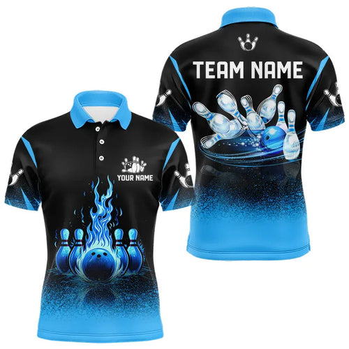 Black and Blue Flame Bowling Polo, Quarter Zip shirts for Men Custom Bowling Team League Jerseys NQS9345