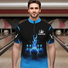 Load image into Gallery viewer, Black and Blue Flame Bowling Polo, Quarter Zip shirts for Men Custom Bowling Team League Jerseys NQS9345