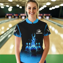 Load image into Gallery viewer, Black and Blue Flame Bowling Polo, Quarter Zip shirts for Women Custom Bowling Team League Jerseys NQS9345
