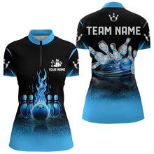 Load image into Gallery viewer, Black and Blue Flame Bowling Polo, Quarter Zip shirts for Women Custom Bowling Team League Jerseys NQS9345