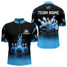 Load image into Gallery viewer, Black and Blue Flame Bowling Polo, Quarter Zip shirts for Men Custom Bowling Team League Jerseys NQS9345