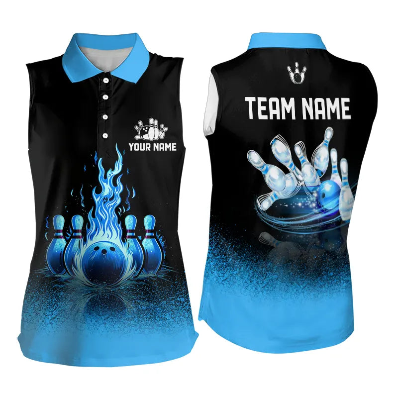 Black and Blue Flame Bowling Sleeveless Polo shirt Custom Bowling Team League Jerseys NQS9345