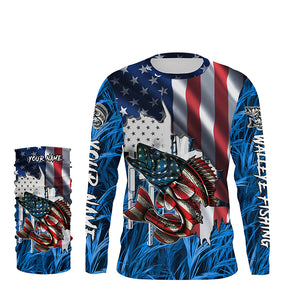 American flag patriot Walleye blue camo fishing, custom mens long sleeve sun protection fishing shirts NQS4709