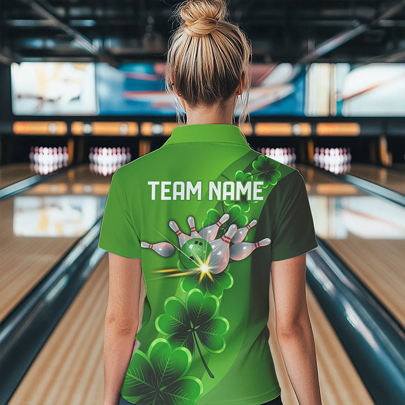 Green shamrock Lucky Bowling Polo, 1/4 Zip Shirt for Women Custom St Patrick Day Bowling Team Jerseys NQS9486