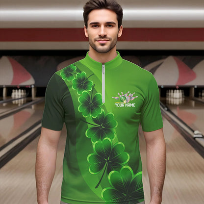 Green shamrock Lucky Bowling Polo, 1/4 Zip Shirt for Men Custom St Patrick Day Bowling Team Jerseys NQS9486