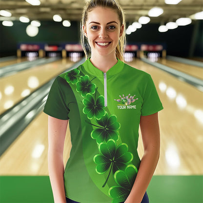Green shamrock Lucky Bowling Polo, 1/4 Zip Shirt for Women Custom St Patrick Day Bowling Team Jerseys NQS9486