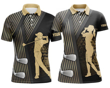 Load image into Gallery viewer, Black and gold matching golf polos for couples custom golf clubs team golf shirt, matching golf shirts NQS7258