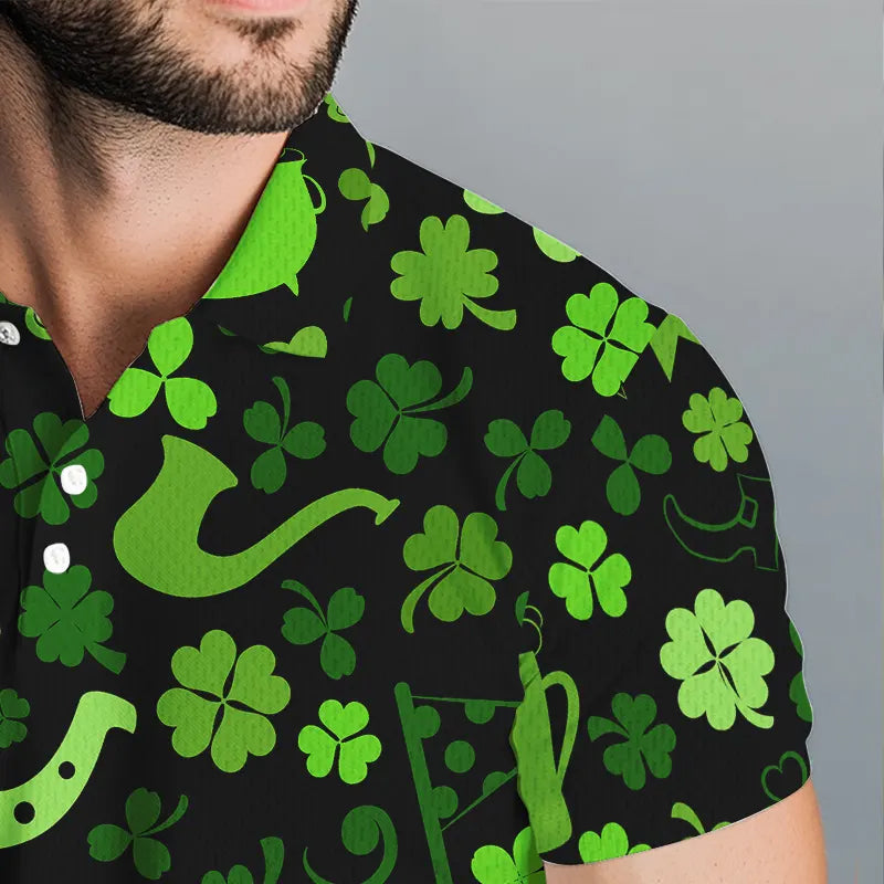 Green shamrock St Patrick Day pattern Lucky polo golf shirts for men Custom St Patrick golf attire NQS9649