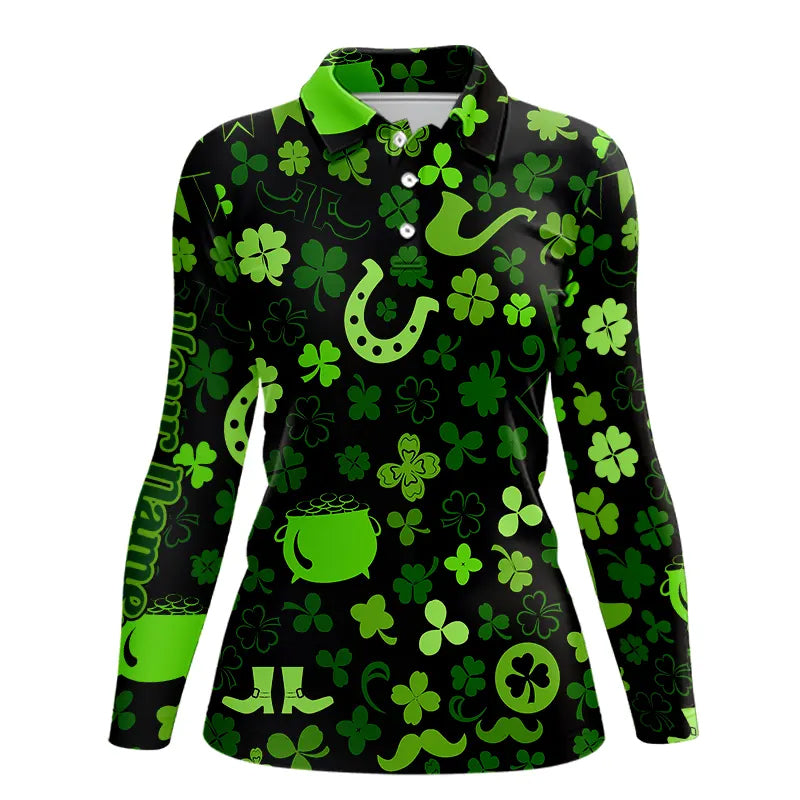 Green shamrock St Patrick Day pattern Lucky polo golf shirts for Women Custom St Patrick golf attire NQS9649