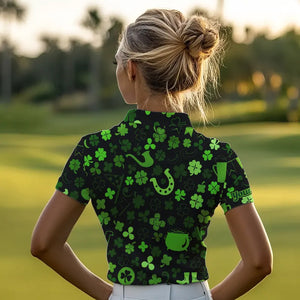Green shamrock St Patrick Day pattern Lucky polo golf shirts for Women Custom St Patrick golf attire NQS9649