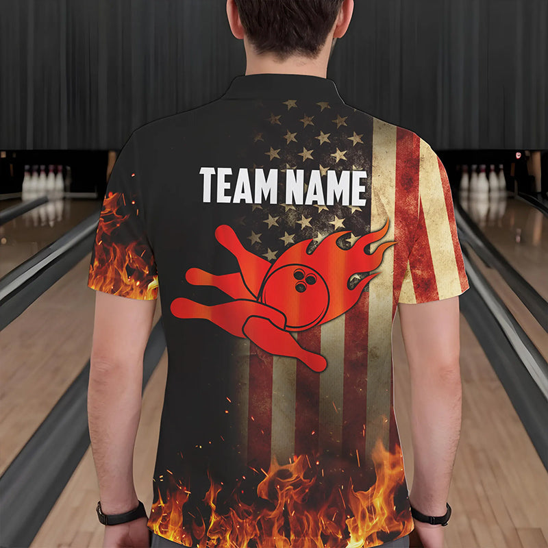 Vintage American Flag Flame Bowling Shirts For Men Custom Patriotic Mens Bowling Team Jersey NQS9651
