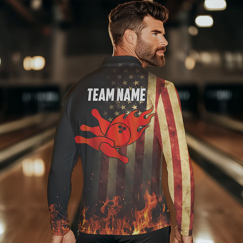 Vintage American Flag Flame Bowling Shirts For Men Custom Patriotic Mens Bowling Team Jersey NQS9651