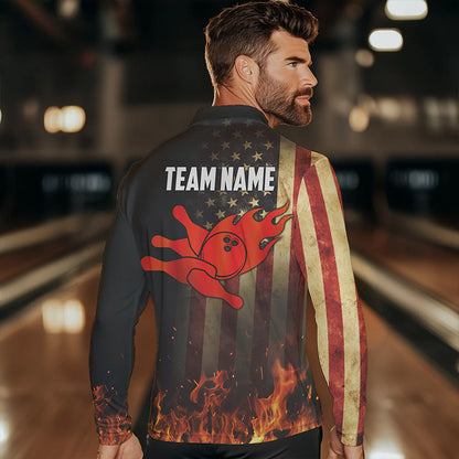 Vintage American Flag Flame Bowling Shirts For Men Custom Patriotic Mens Bowling Team Jersey NQS9651