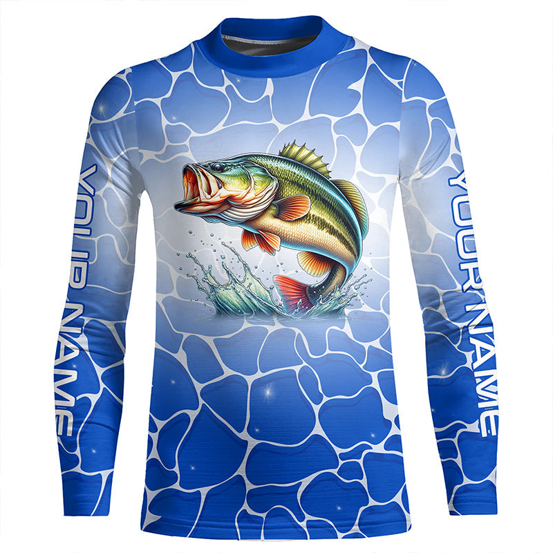 Personalized blue water camo Largemouth bass Long Sleeve Fishing Shirts, Tournament Fishing Jerseys NQS7440